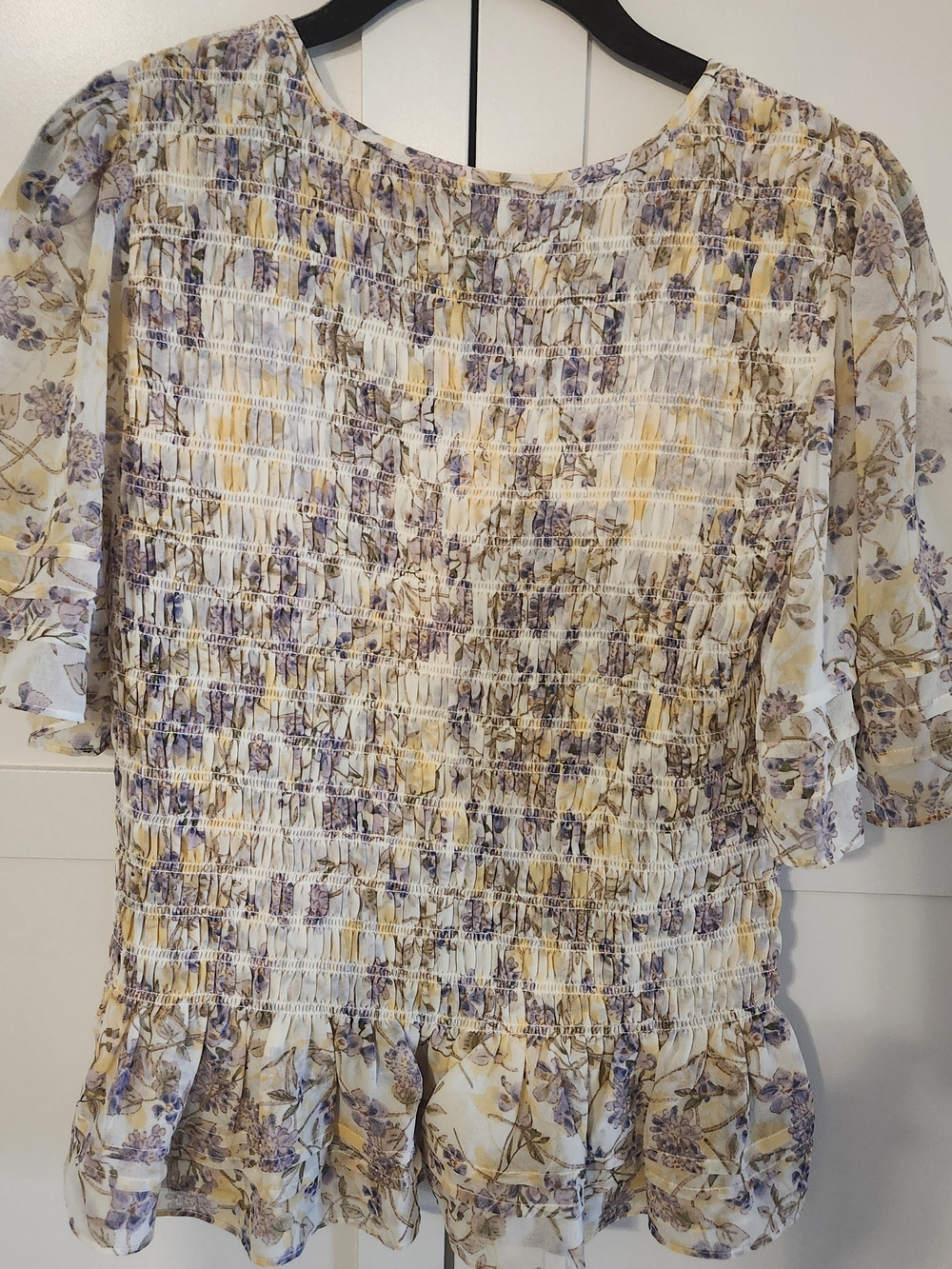 CAbi Cream Floral Smocked Peplum Top with Lavender and Yellow Accents - Picture 2 of 2